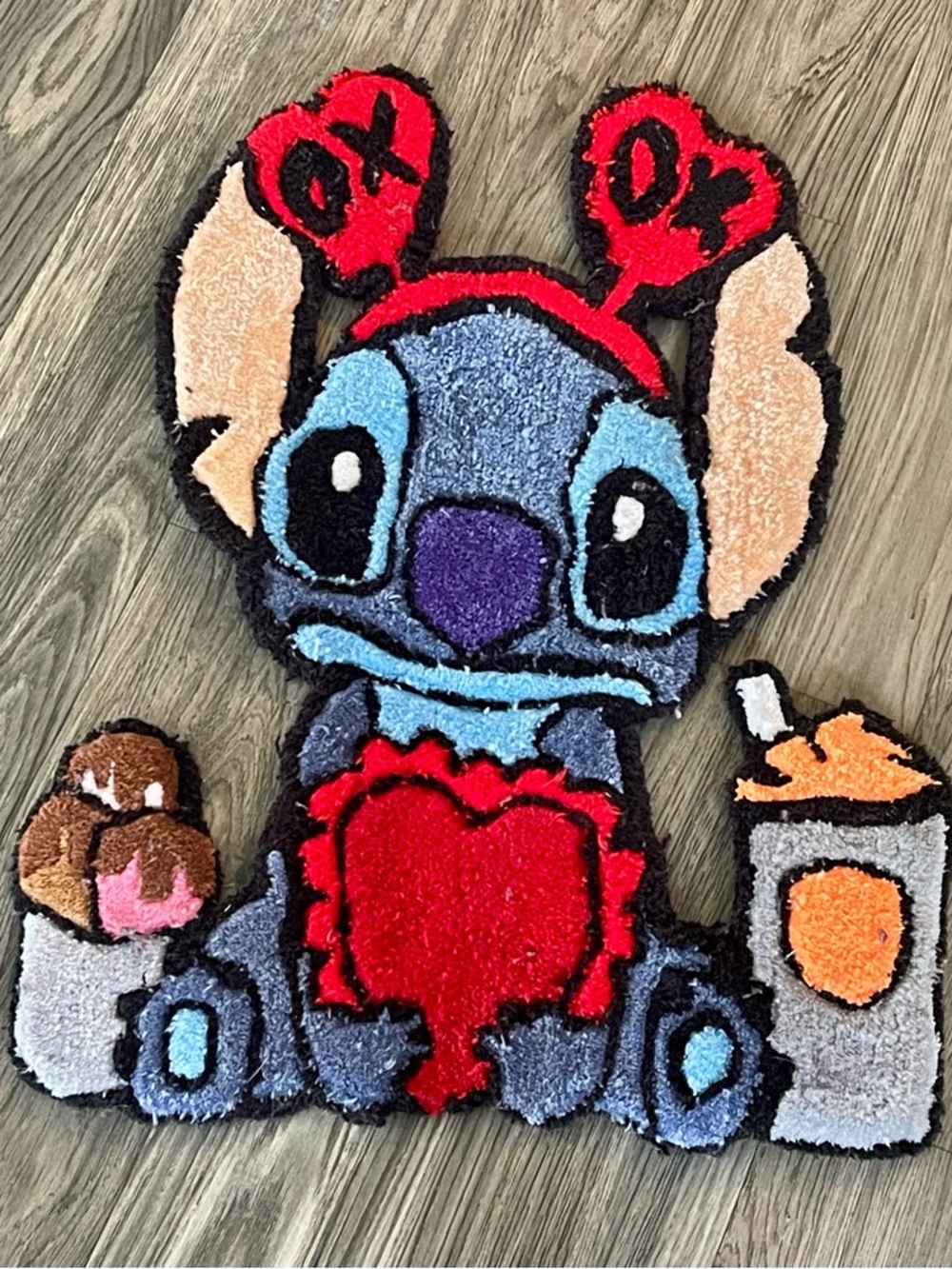 Stitch Valentine Heart Hooked Rug - Blue & Red